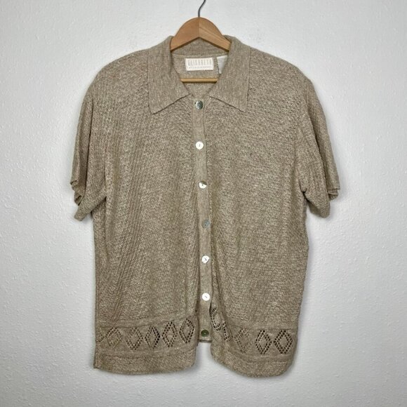 Elisabeth Vintage Linen Blend Button Down Knit Collar Blouse Size: 1X - Picture 2 of 14
